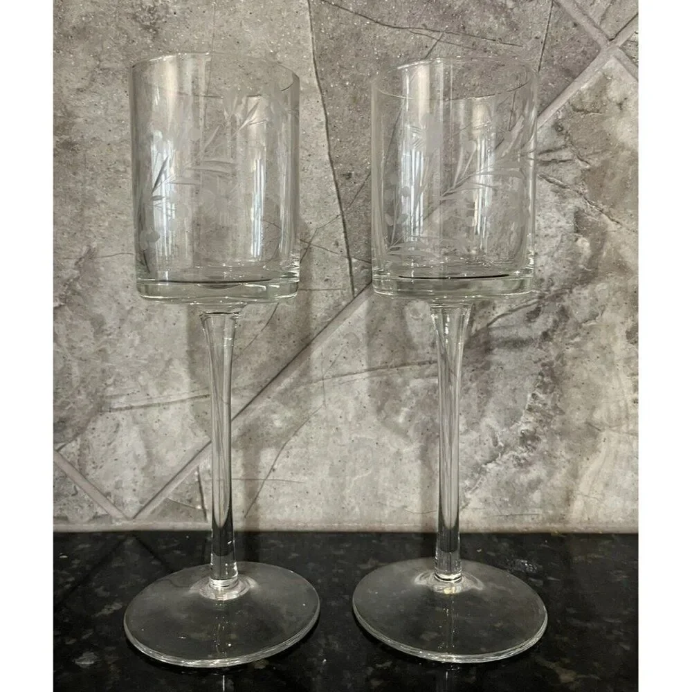 Long Stem Tall Crystal Pillar Votive Candle Holder Etched Flowers Set of 2